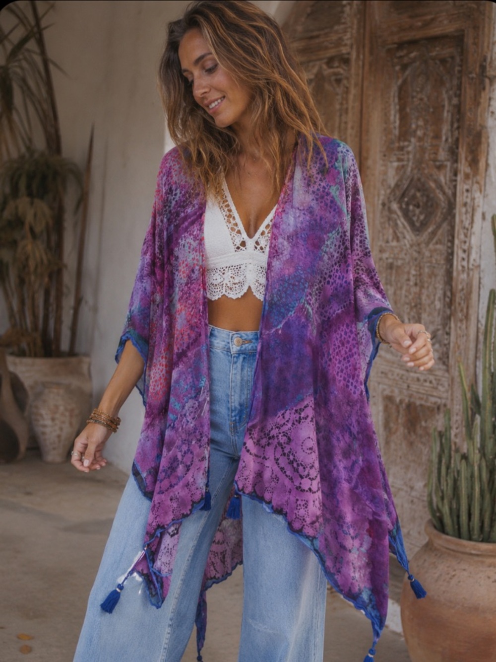 Purple Tie-Dye Kimono Cover-Up